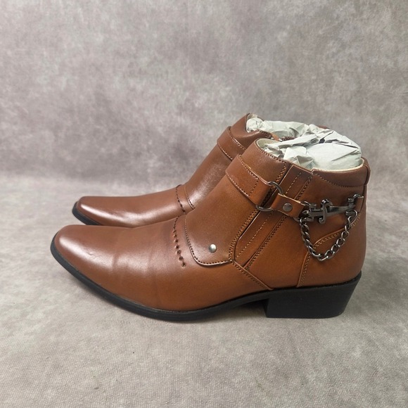 Mens Tan Faux Leather Pointed Toe Ankle Boots with Chain Anchor Detail Size 7 main image 7